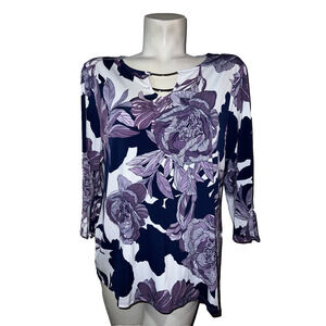 Chico's Top Size L (2) Purple Blue Floral 3/4 Sleeve Pullover Flowers Keyhole